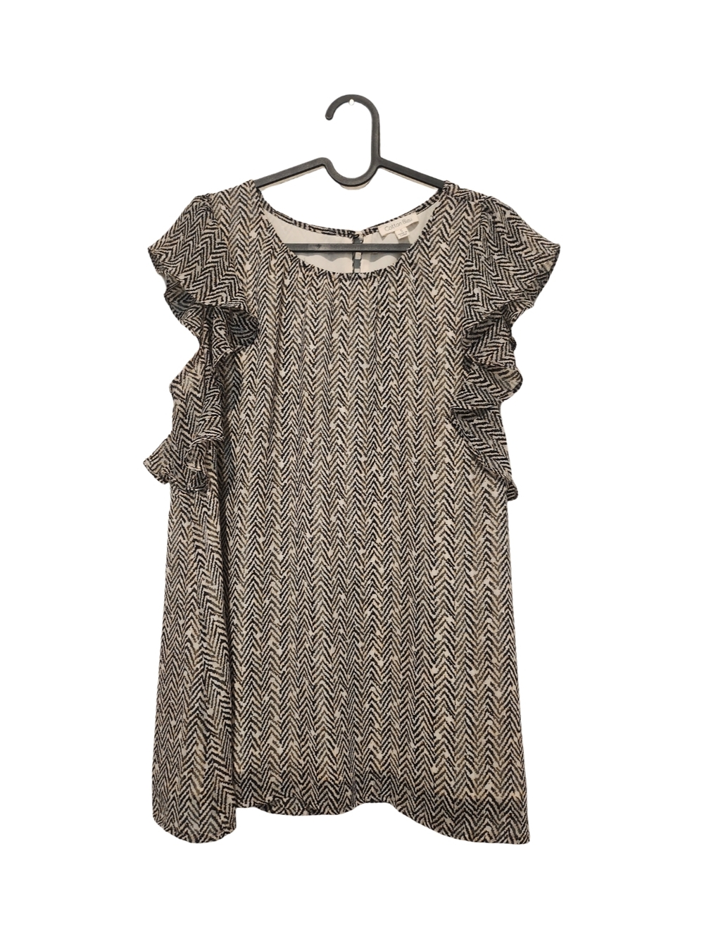 Ruffle-Sleeve Chevron Blouse in Black & White